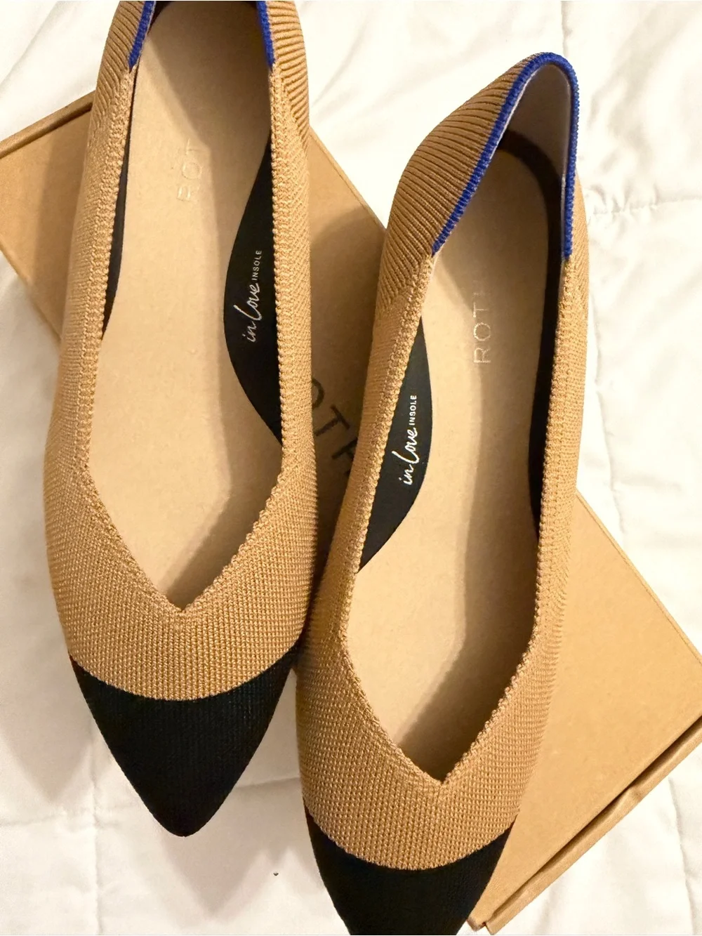 Rothy's Camel Knit Pointed Toe Flats with Black Cap